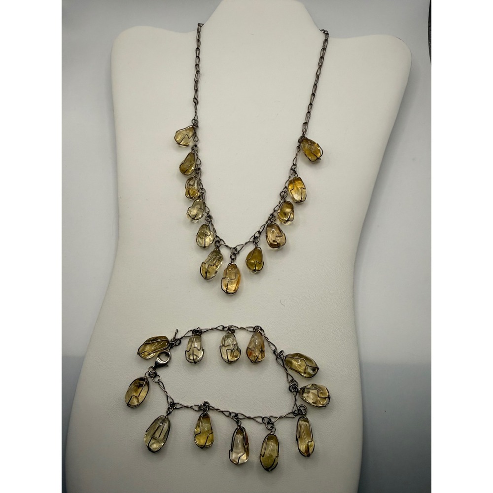 Vintage Wire Wrapped Stone Necklace and Bracelet Set